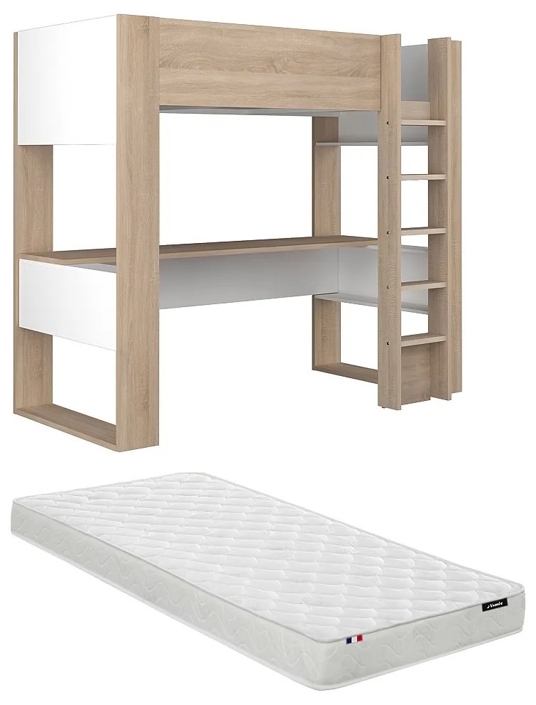 Łóżko antresola z biurkiem i półkami – 90 × 200 cm - Biały i dębowy + materac - NOAH II