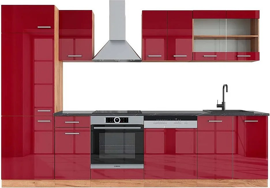 Aneks kuchenny czerwony wysoki połysk/złoty dąb 300x60x81.6 r-line