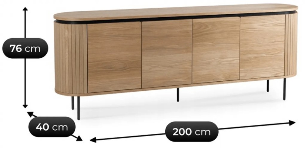 Komoda do Salonu BECK 200 cm Dąb Czterodrzwiowa Ryflowana Nowoczesna