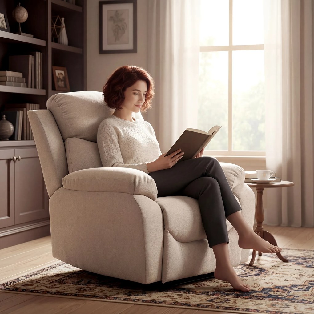 HOMCOM Ręczny fotel wypoczynkowy, nowoczesny fotel w wyglądzie lnu z grubą tapicerką, tapicerowane podłokietniki i podnóżek, beżowy | Aosom PL