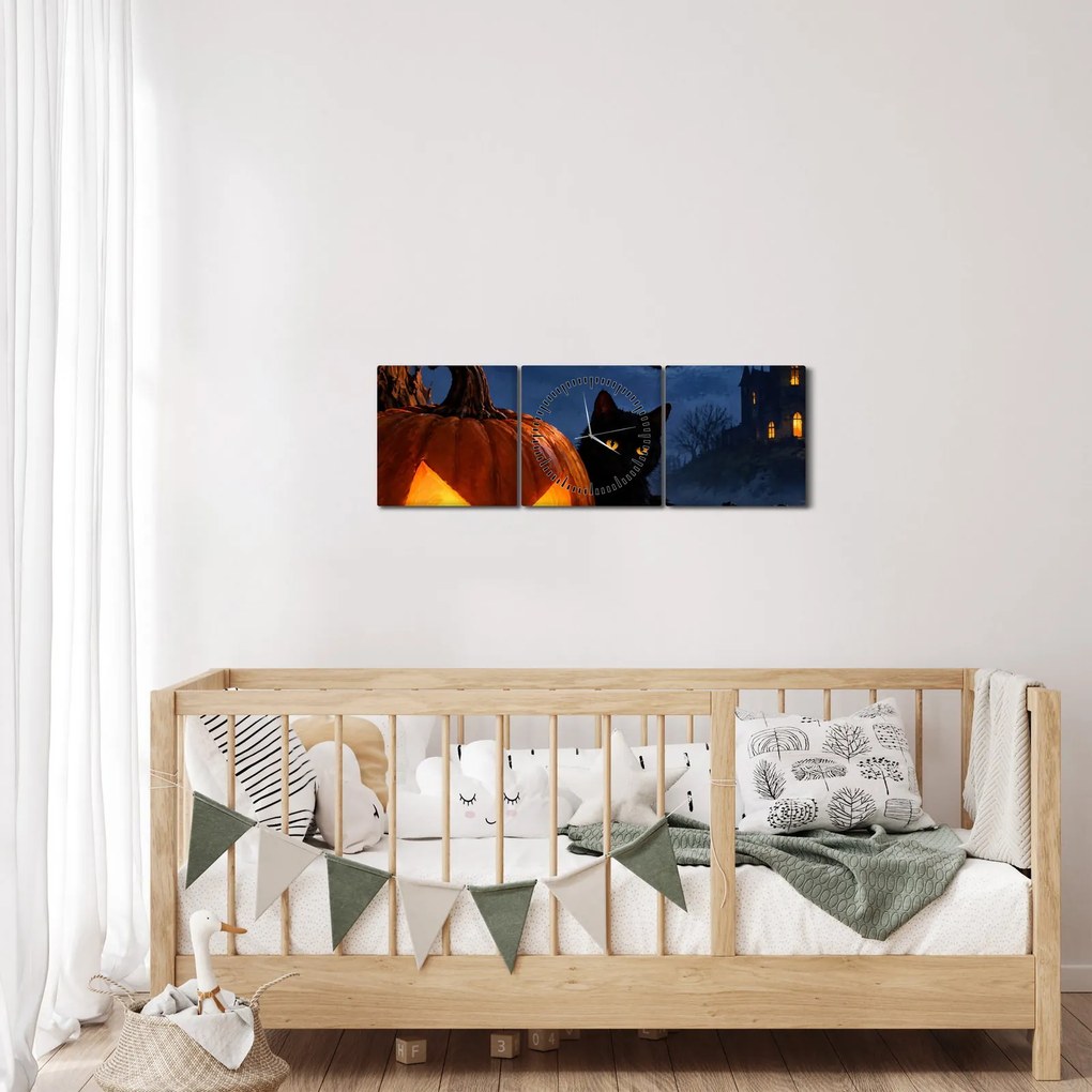 Obraz - Czarny kot przy świecącej dyni na Halloween (z zegarem) (90x30 cm)