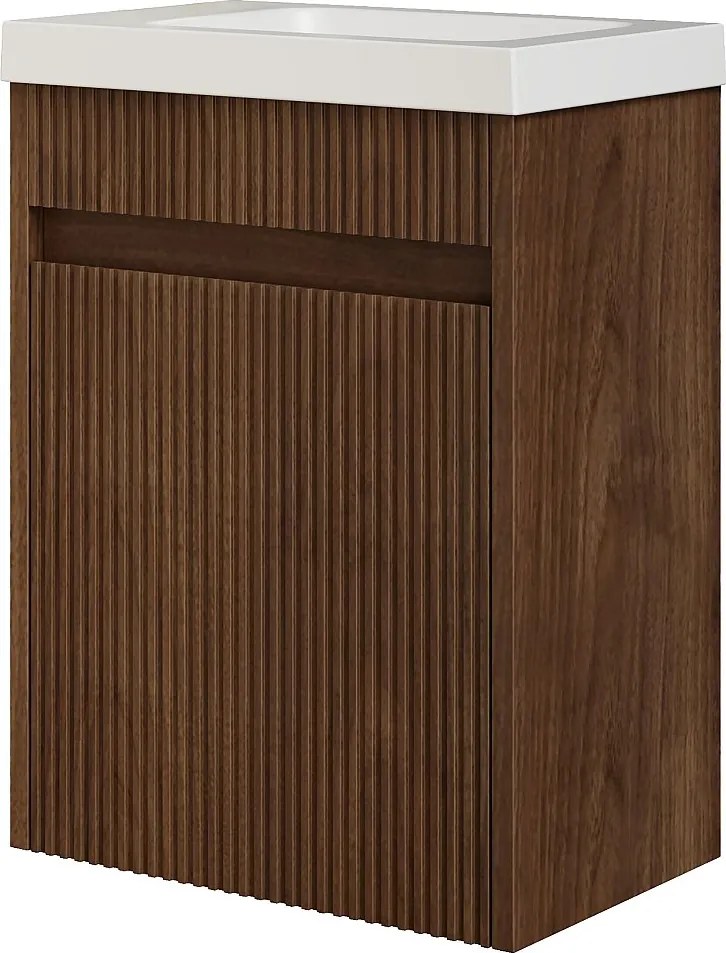 Mebel z umywalką do wc zawieszany ryflowany z drewna jesion Z umywalką z matowej białej żywicy - Ciemnodrewniany - 40 x 25.5 x 54 cm DROVI