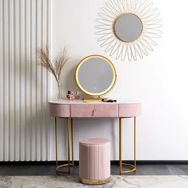 Różowa toaletka z pufą i lustrem glamour - Erton 3X