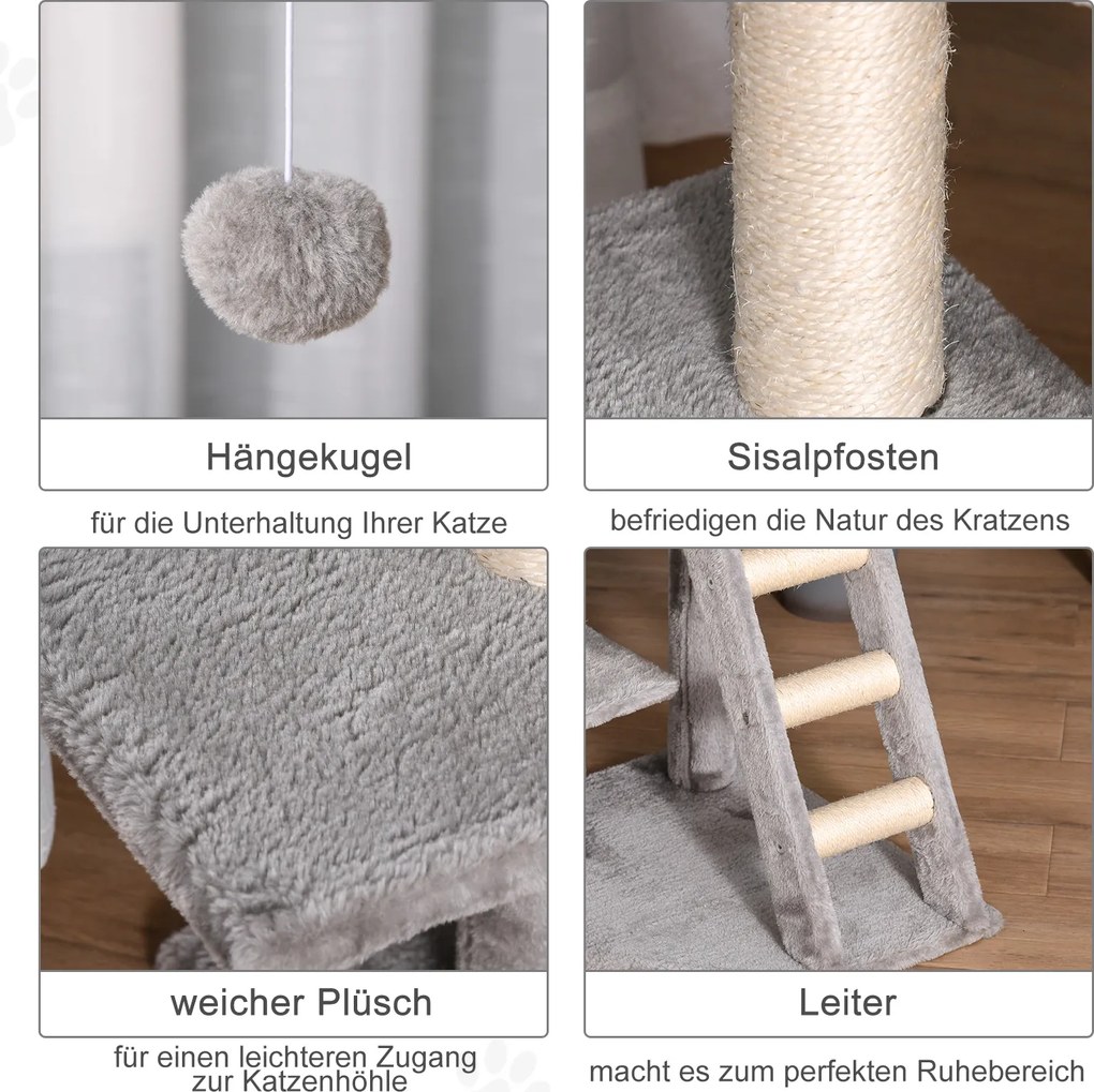 3 Drapak dla kota z jaskinią i drabinką plus miękka poduszka z MDF E1 i sizalu w kolorze jasnoszarym idealny do ostrzenia pazurów | Aosom PL