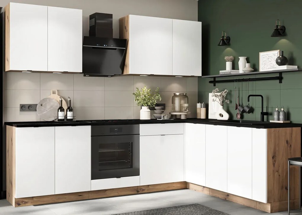 Komplet Narożnych Biały Mebli Kuchennych 260 Cm 9 Sztuk + Dąb Artisan D8-S72