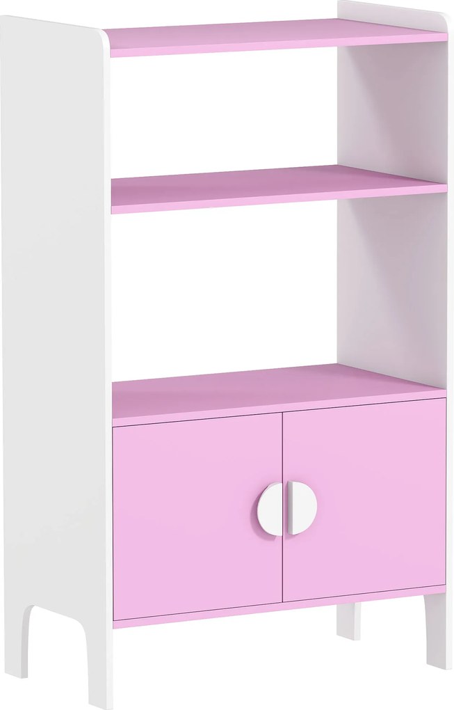AIYAPLAY Regał na książki dla dzieci, 2 półki, 2 szafki, wolnostojący, design przeciwdziałający przewróceniu, antypoślizgowe stopy, MDF, Różowy+Biały