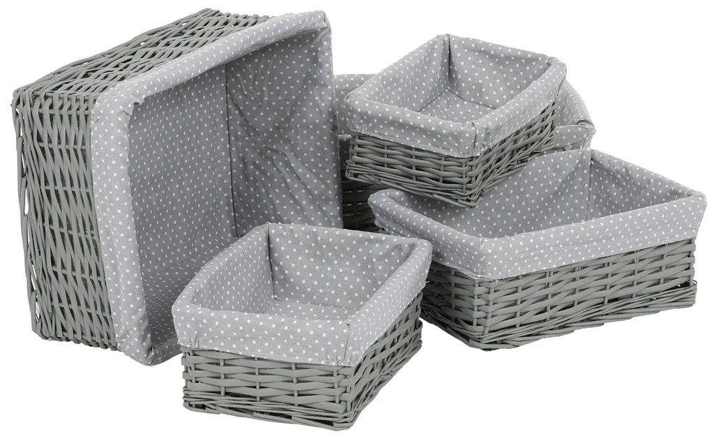 Zestaw koszyków wiklinowych z tkaniną Szara kropka, 5 szt., 5 rozmiarów, 48 x 18 x 37 cm