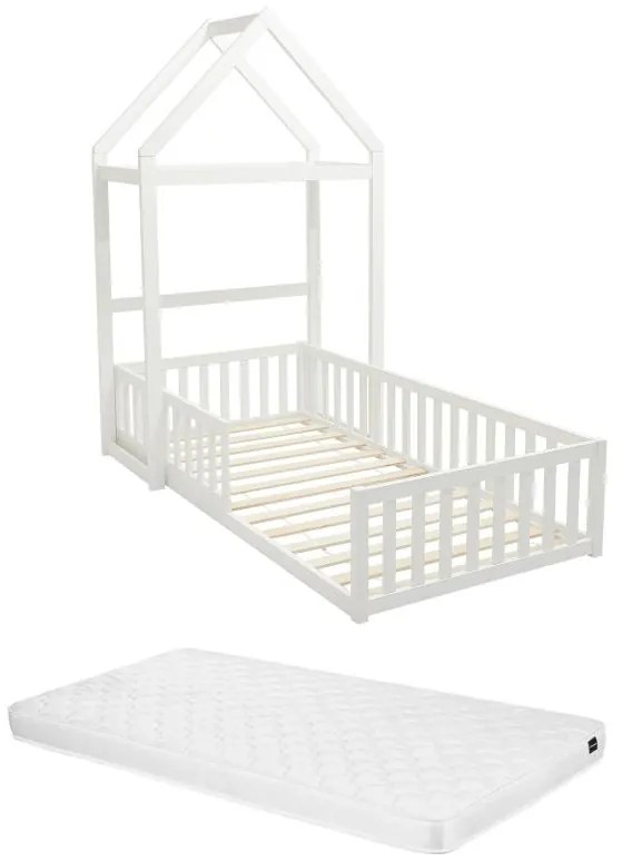 Łóżko domek 90 x 190 cm - Drewno sosnowe i MDF - Biały + Materac - VARLAINE