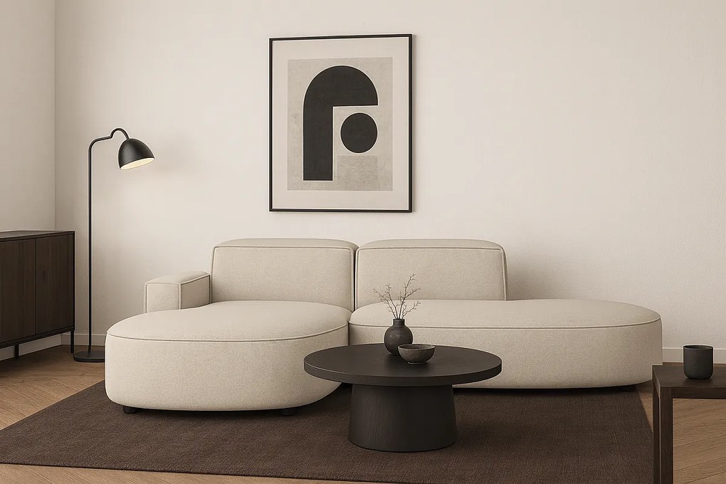 Narożnik modułowy CURSAL G lewostronny 271×166×73 cm – kremowy  Raven 24, zaokrąglone leżanki, wolnostojący