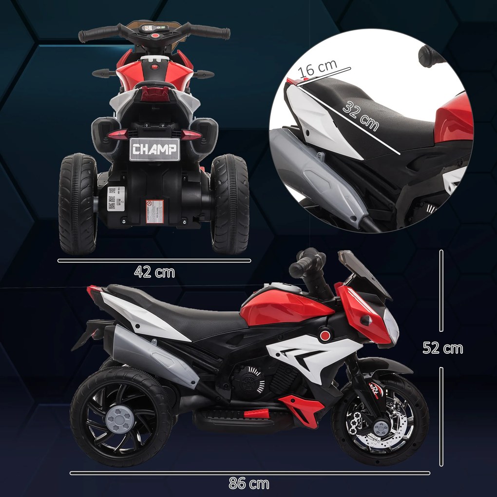 HOMCOM Elektryczny motocykl dla dzieci, ze światłami i dźwiękami, 3 km/h, ładowalny, Plastik/Metal, Czarny/Czerwony