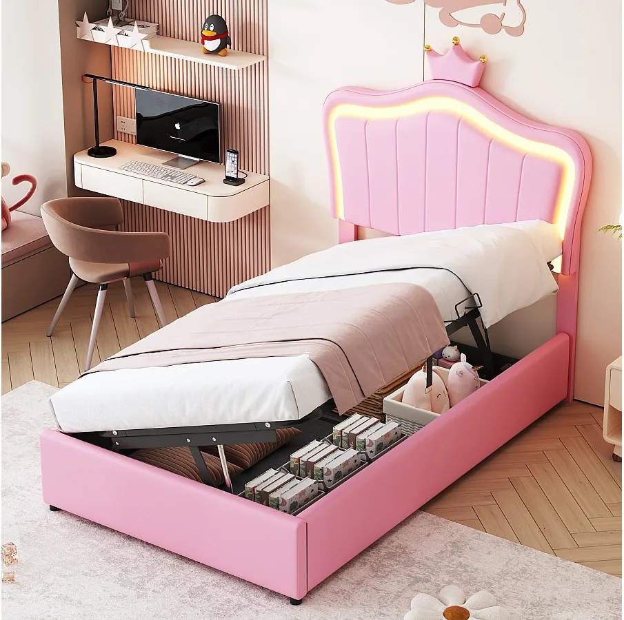 Łóżko z pojemnikiem 90 x 200 cm - Łóżko dla dzieci z oświetleniem LED - Regulowany zagłówek - Różowy poliuretan - Bez materaca