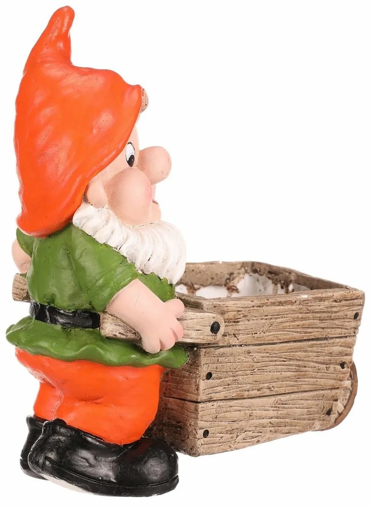 Ozdoba ogrodowa Krasnal z taczkami, pomarańczowa,31 x 16 x 33 cm
