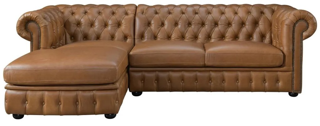 Kanapa narożna BRENTON ze 100% skóry bawolej Chesterfield - Karmelowy vintage - narożnik lewostronny