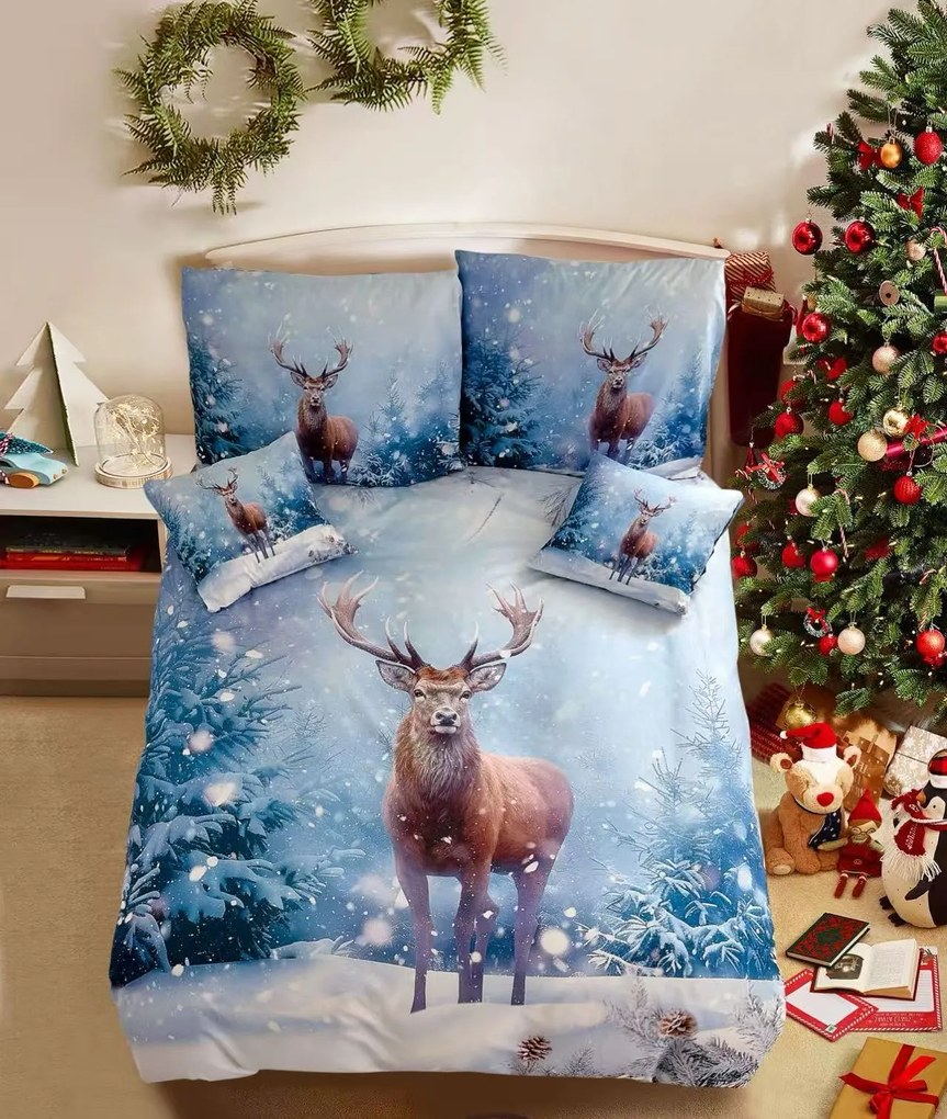 PrzytulneMieszkanie.pl PrzytulneMieszkanie.pl Pościel bawełniana 3D SNOWY DEER niebieski + poszewka na poduszkę 40x50 cm gratis Rozmiar pościeli: 70 x 90 cm | 140 x 200 cm