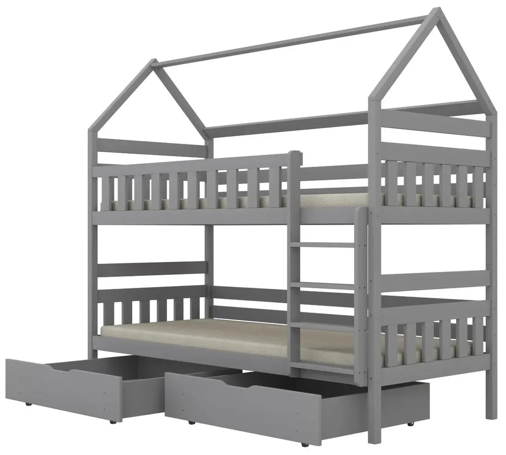 Łóżko piętrowe domek FELIKS 200x90 szare drewniane z szufladami KOCOT KIDS