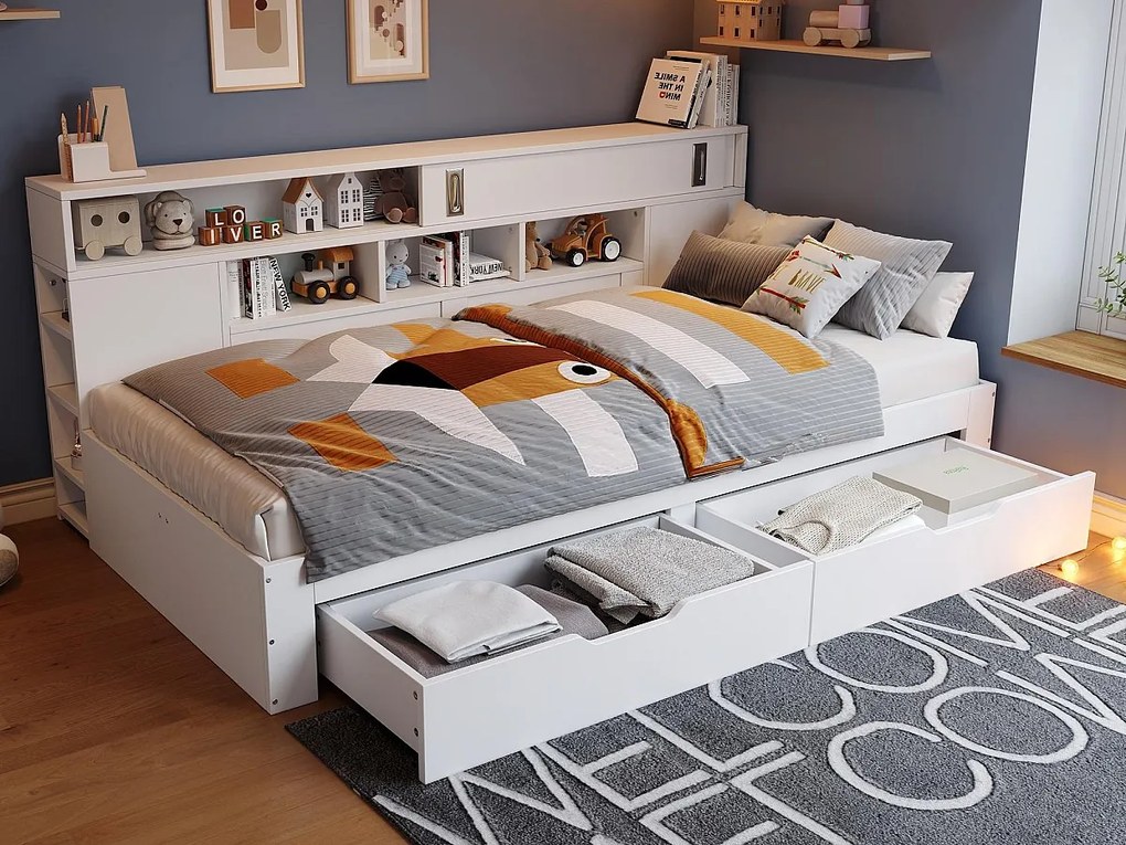 Łóżko dziecięce 140x190 cm - z 2 szufladami - Regulowane boczne półki - MDF - Biały​ (bez materaca)