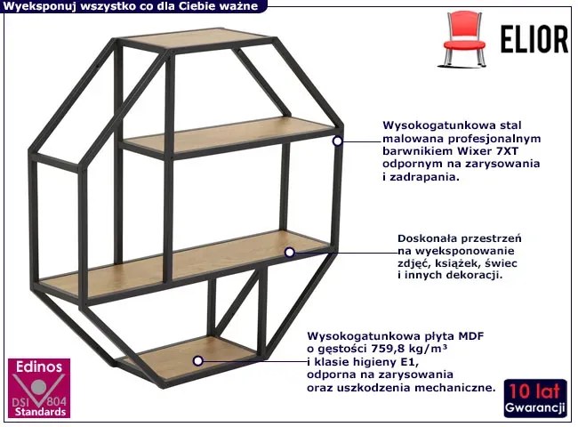 Nowoczesna loftowa półka ścienna w kolorze dębu - Naja