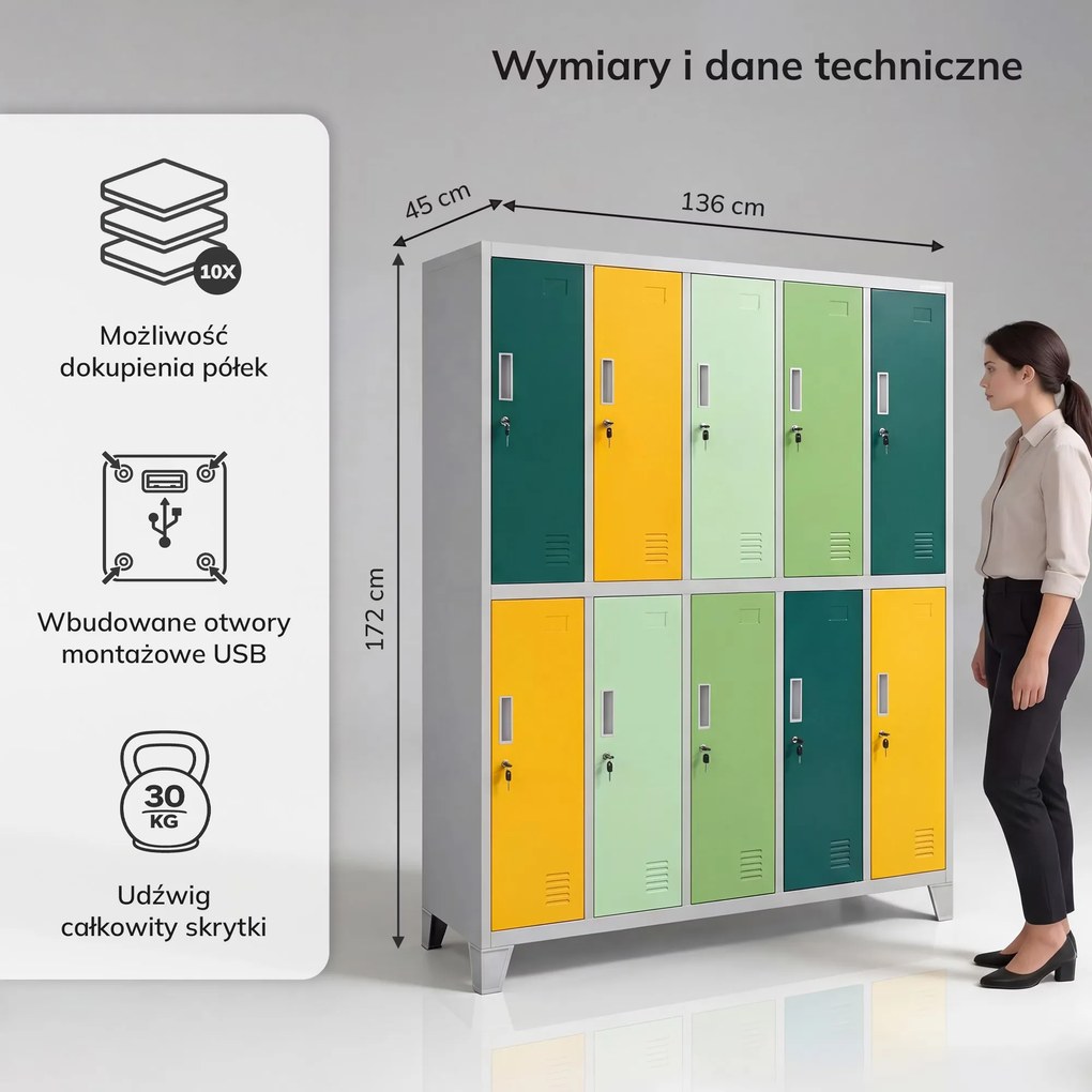Szafa BHP ubraniowa 10-drzwiowa szaro-zielono-żółta: BARTEK 1360 x 1720 x 450 mm