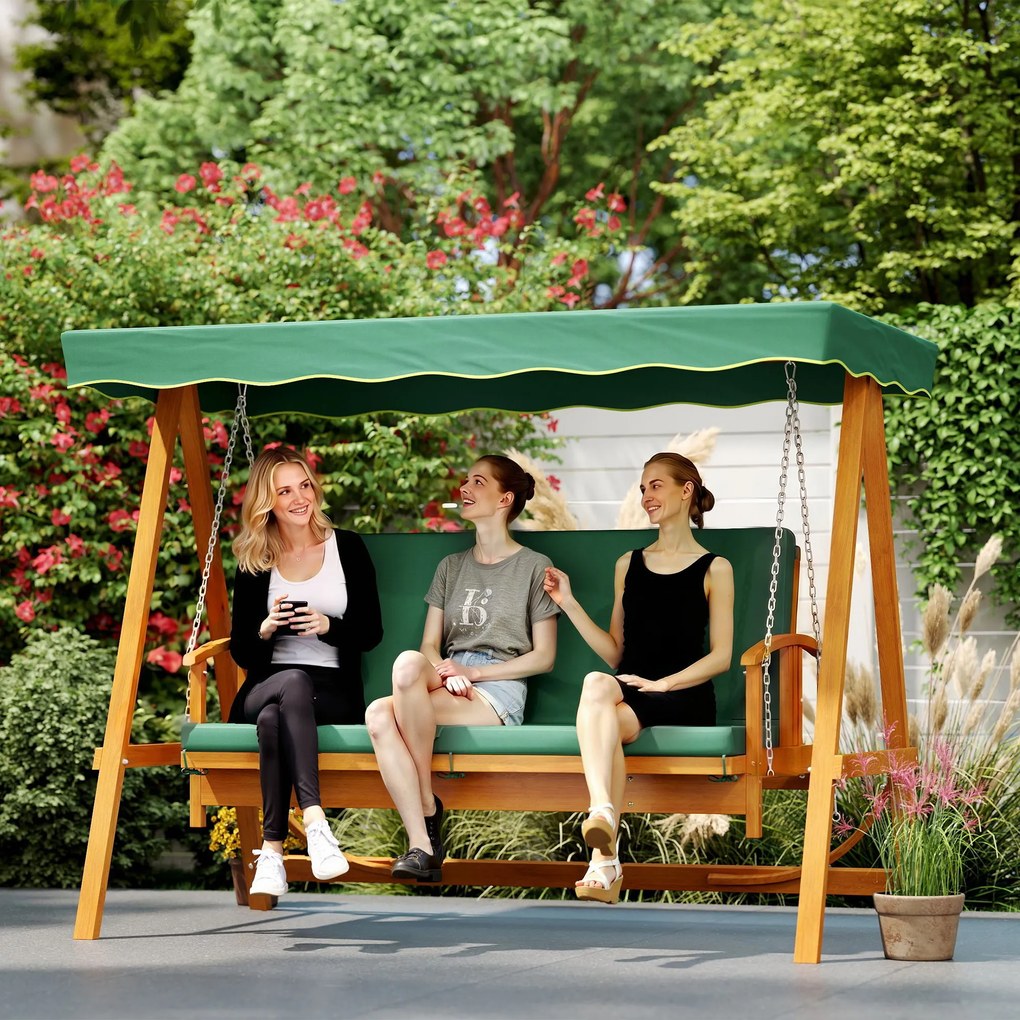 Outsunny Huśtawka ogrodowa z daszkiem, drewniana, z funkcją leżanki, dla 3 osób, Ciemnozielona