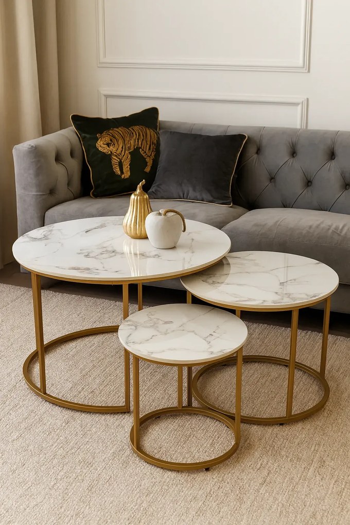 Wsuwany zestaw stolików kawowych biały + złoty E0-R87