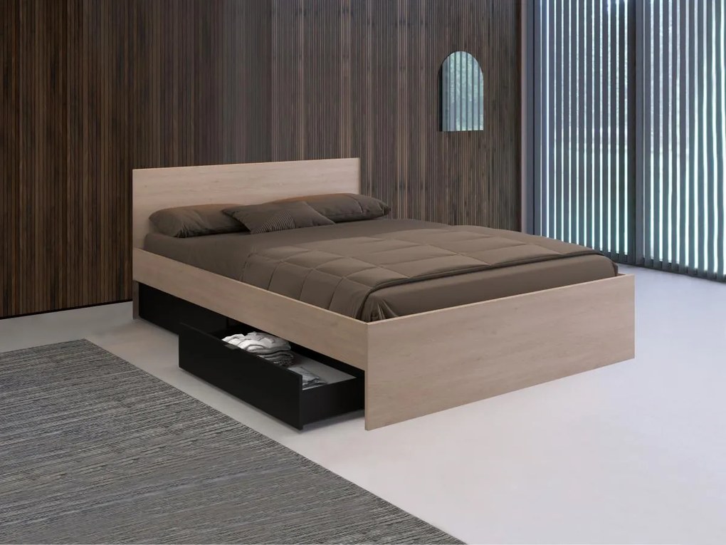 Łóżko z 2 szufladami 160 × 200 cm: Naturalne i czarne + Stelaż + Materac – VELONA