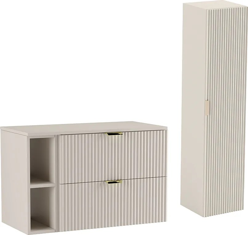 Kaszmirowy Zestaw Łazienkowy 100cm Szafka Blat Regał Słupek Ryflowane Fronty