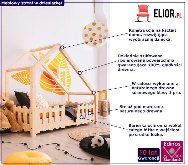 Drewniane łóżko domek z barierką C7-R28