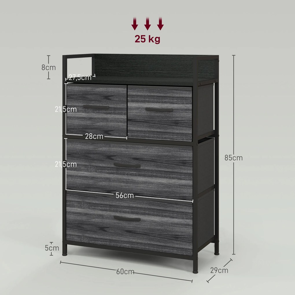 HOMCOM Komoda, sideboard, 4 tkaninowe szuflady, industrialny design, 60x29x85 cm, czarny | Aosom PL