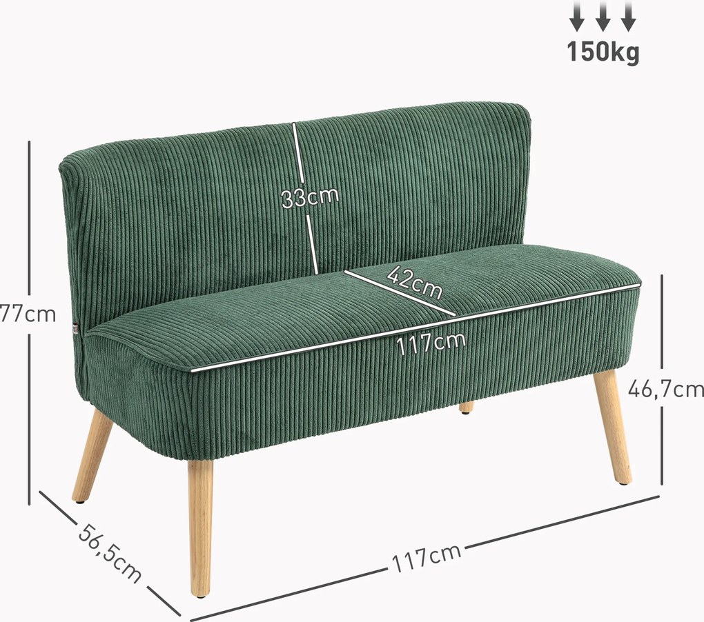 HOMCOM Sofa wypoczynkowa 2-osobowa zielona welurowa z drewna i pianki 117x56x77 cm | Aosom PL
