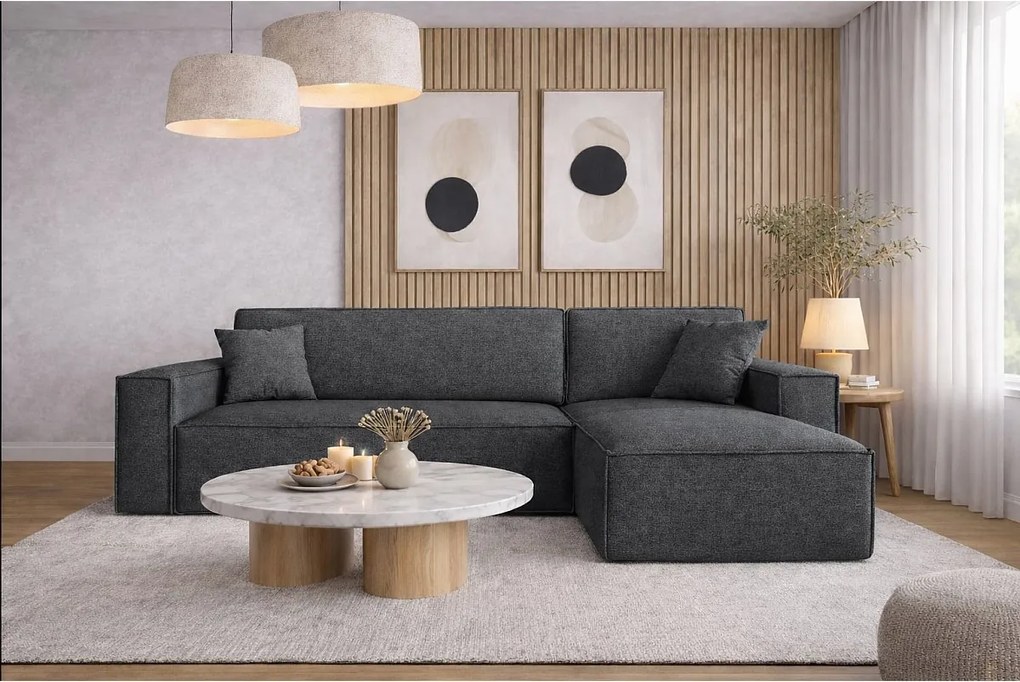 Narożnik BEST L z funkcją spania i pojemnikiem, tkanina Neve, Ciemnoszary, Prawy