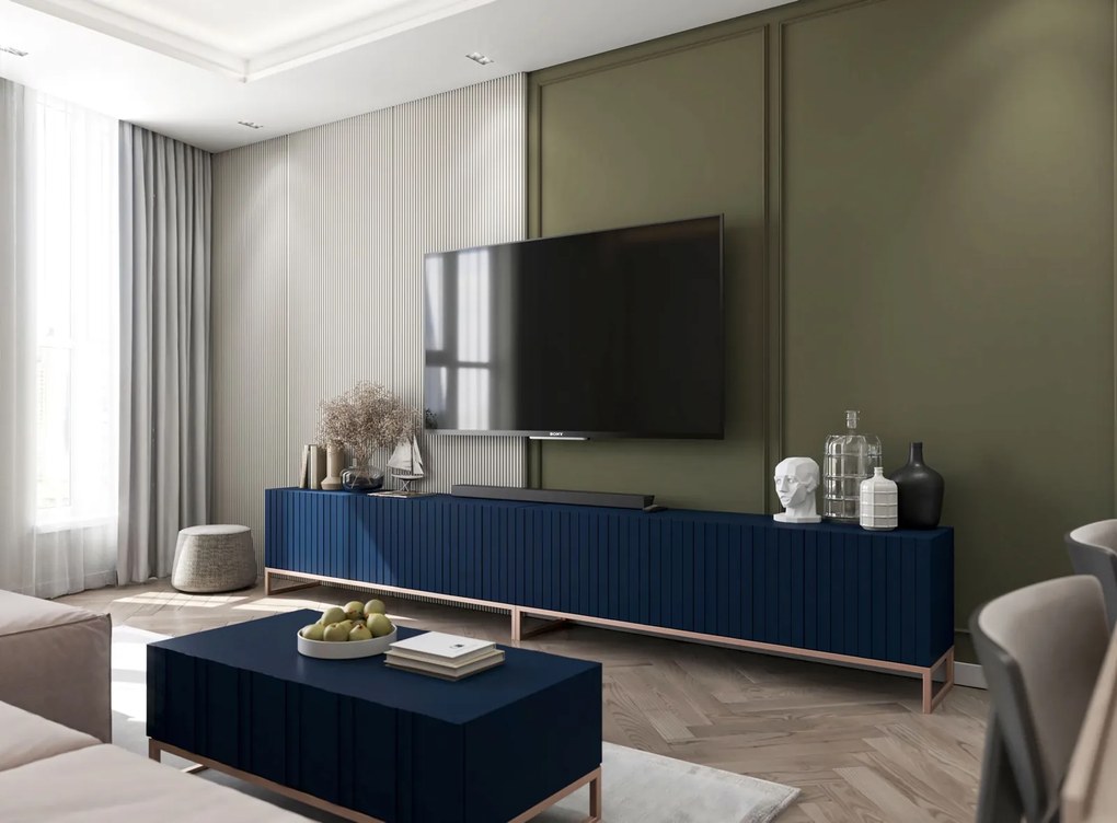 Ryflowany stolik glamour ze schowkiem Elpis granatowy