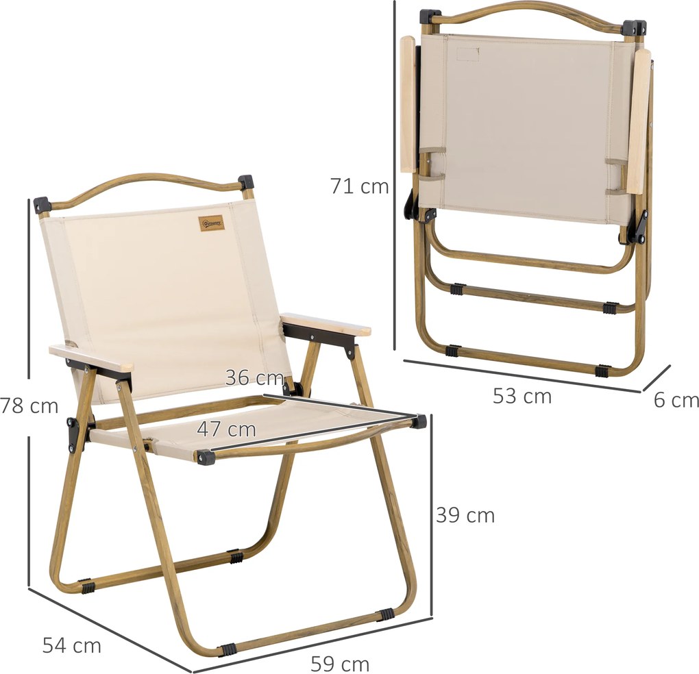 Outsunny Krzesła Campingowe, 2 sztuki, Składane, Stal w wykończeniu drewna, Khaki