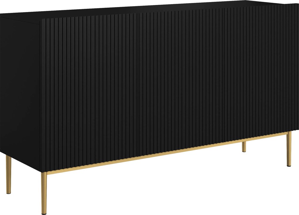 Komoda Nicole 150 cm trzydrzwiowa z ryflowanym frontem - czarny mat / złote nóżki