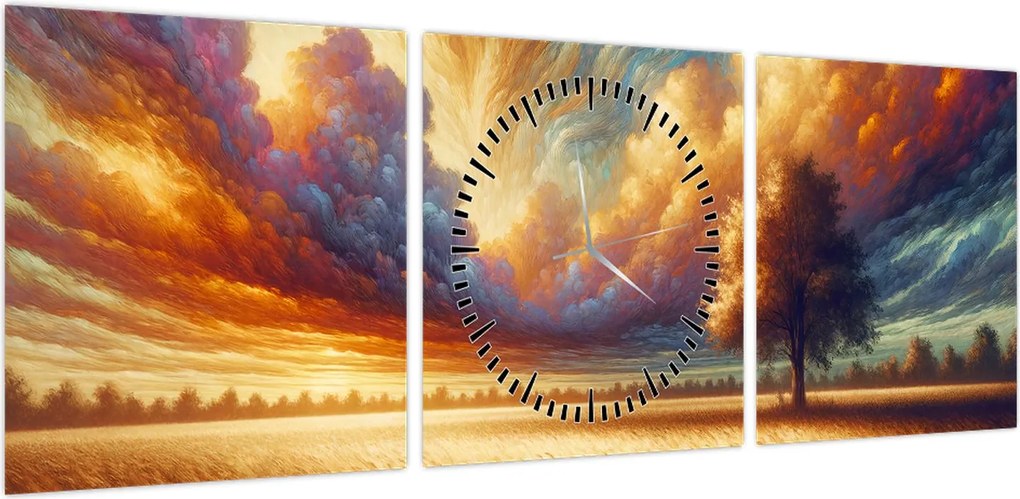 Obraz – Drzewo na polu (z zegarem) (90x30 cm)
