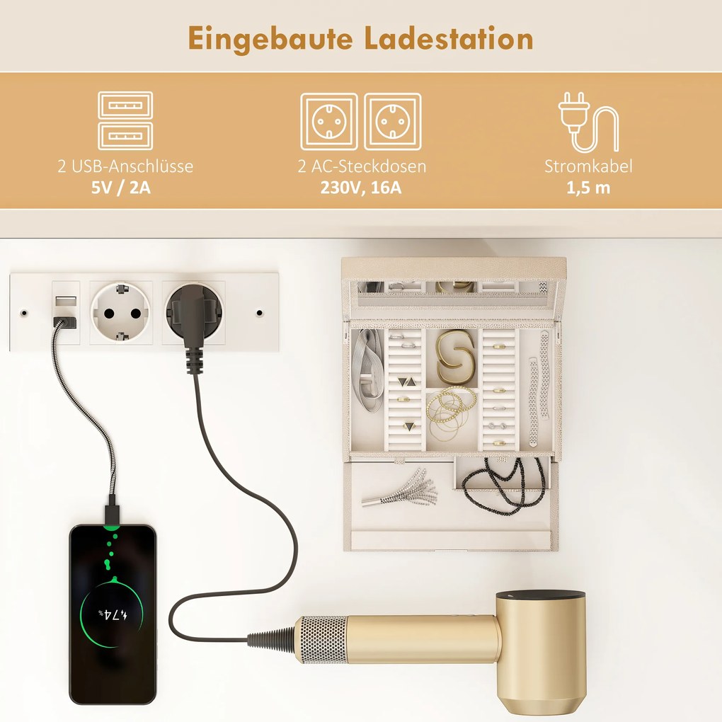 HOMCOM Toaletka z regulowanym lustrem LED, gniazdka, 6 szuflad, 2 otwarte półki, biały