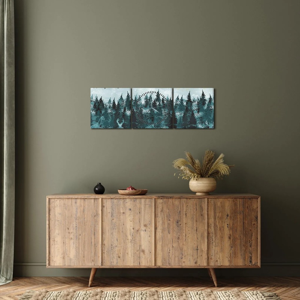 Obraz - Zwierzęta w lesie (z zegarem) (90x30 cm)