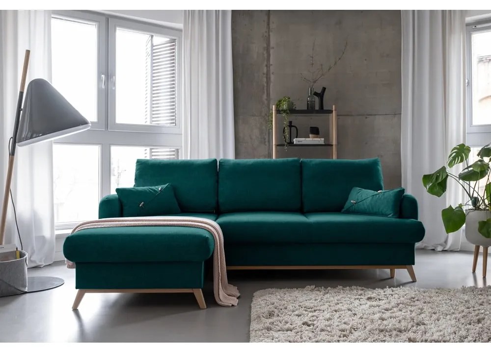 Turkusowy rozkładany/ze schowkiem narożnik (lewostronny/z szezlongiem) Scandic Lagom – Miuform