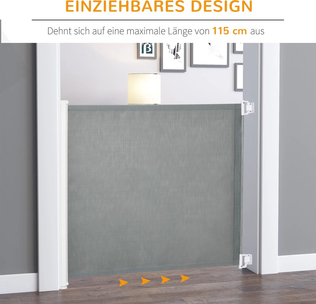 PawHut bramka ochronna na drzwi, schody, zwijana, obsługa jedną ręką, PVC szara