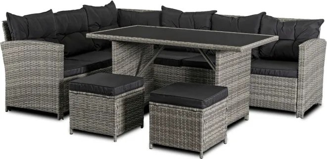 Zestaw Mebli Ogrodowych DALLAS Szary/Czarny Narożnik Pufy Stolik Tarasowy Technorattan Nowoczesny