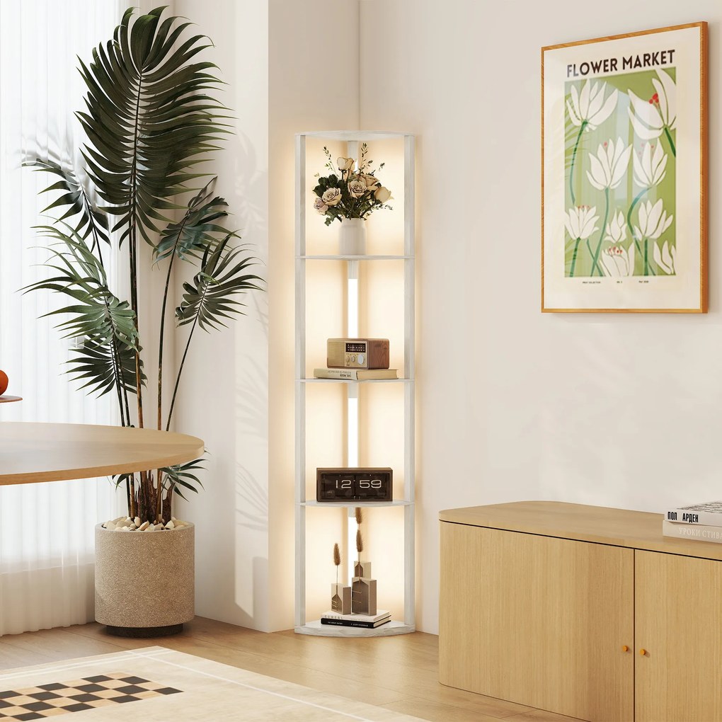 HOMCOM Lampa stojąca LED, regał narożny, ściemnialna, 4 półki, ciepłe światło, 41x30x164 cm, dąb