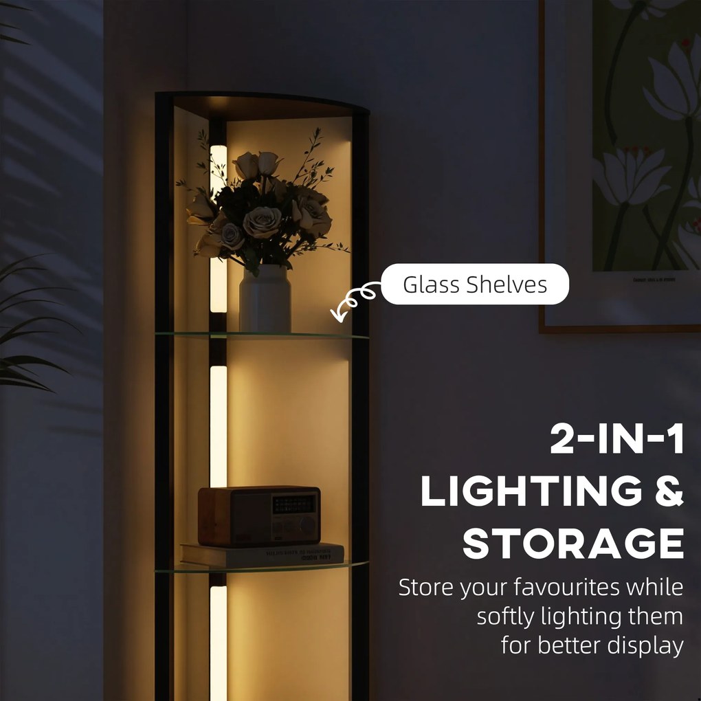 HOMCOM LED Lampa Stojąca ze Szklanymi Półkami, Lampa z 3 Poziomami Jasności, Czarna | Aosom PL