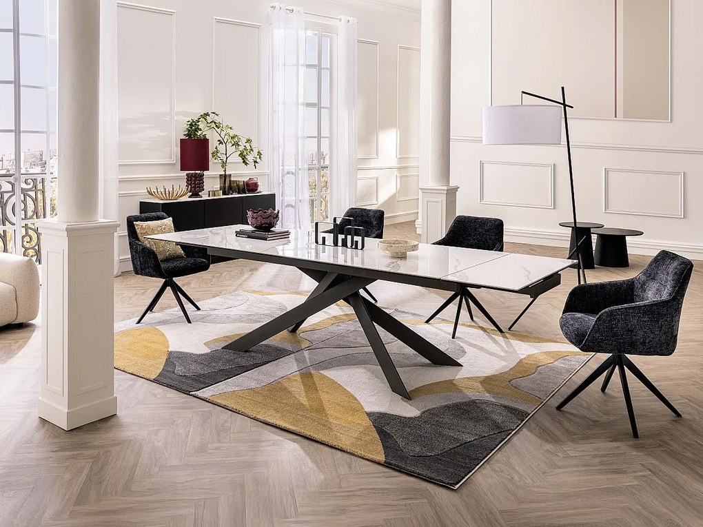 Stół do jadalni rozkładany dla 8 do 12 osób z ceramiki, szkła hartowanego i metalu - Efekt białego marmuru i antracytowy - COREMA marki Maison Céphy