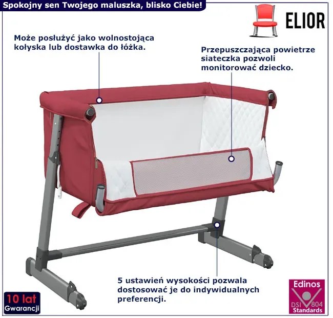 Czerwone łóżeczko niemowlęce z regulowaną wysokością C2-A45