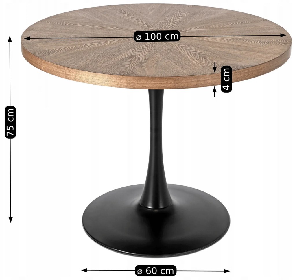 Zestaw Stół Okrągły LINO 100 cm Orzech/Czarny i 4 Krzesła Tapicerowane do Salonu CORK Czarne Welurowe Nowoczesne Loft