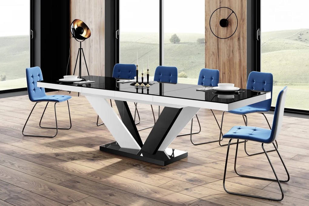 Rozkładany stół z czarnym blatem na biało-czarnej nodze w wysokim połysku Viva 2 Hubertus