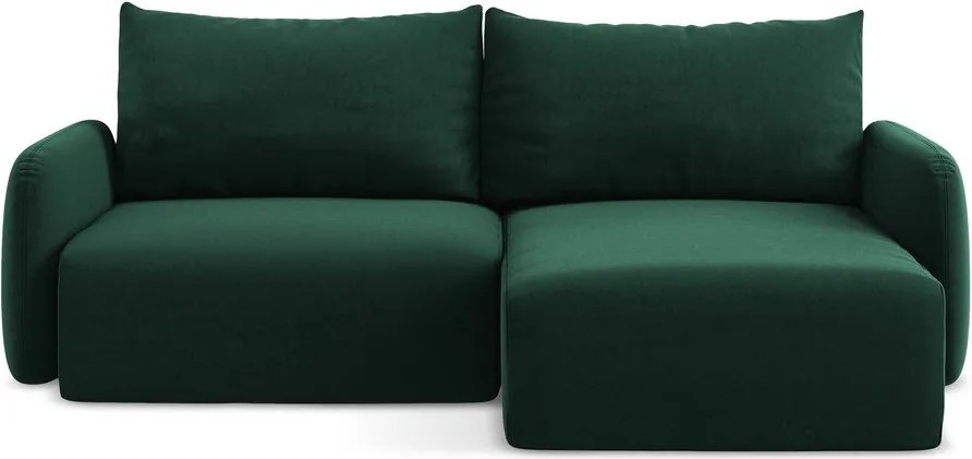 Ciemnozielony aksamitny rozkładany/ze schowkiem narożnik (prawostronny/z szezlongiem) Kalena – Makamii