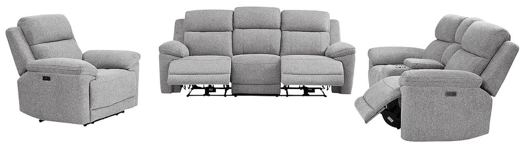 Kanapy 3-osobowa , 2-osobowa i elektryczny fotel relaksacyjny z szarej tkaniny melanżowej KELUNO