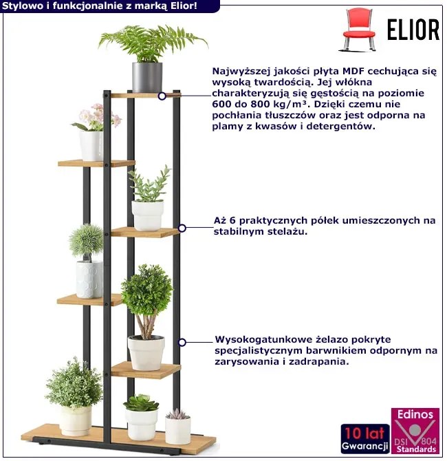 Industrialny regał kwietnik z 6 półkami dąb + czarny G0-W87