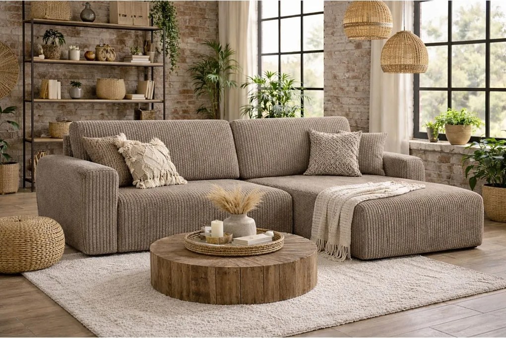 Narożnik z funkcją spania i pojemnikiem Ariel L, tkanina sztruksowa Poso, Ciemnobeżowy, Prawy