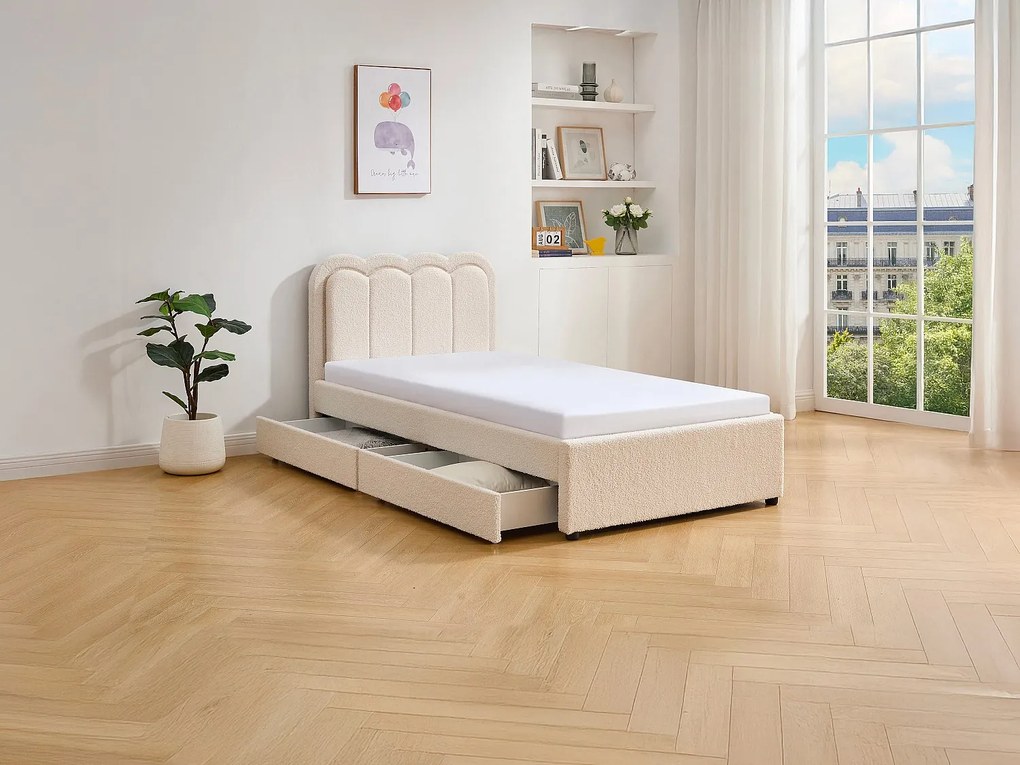 Łóżko 90 x 190 cm z 2 szufladami - Z oświetleniem LED - Tkanina bouclette - Kremowe - NESTIAKO